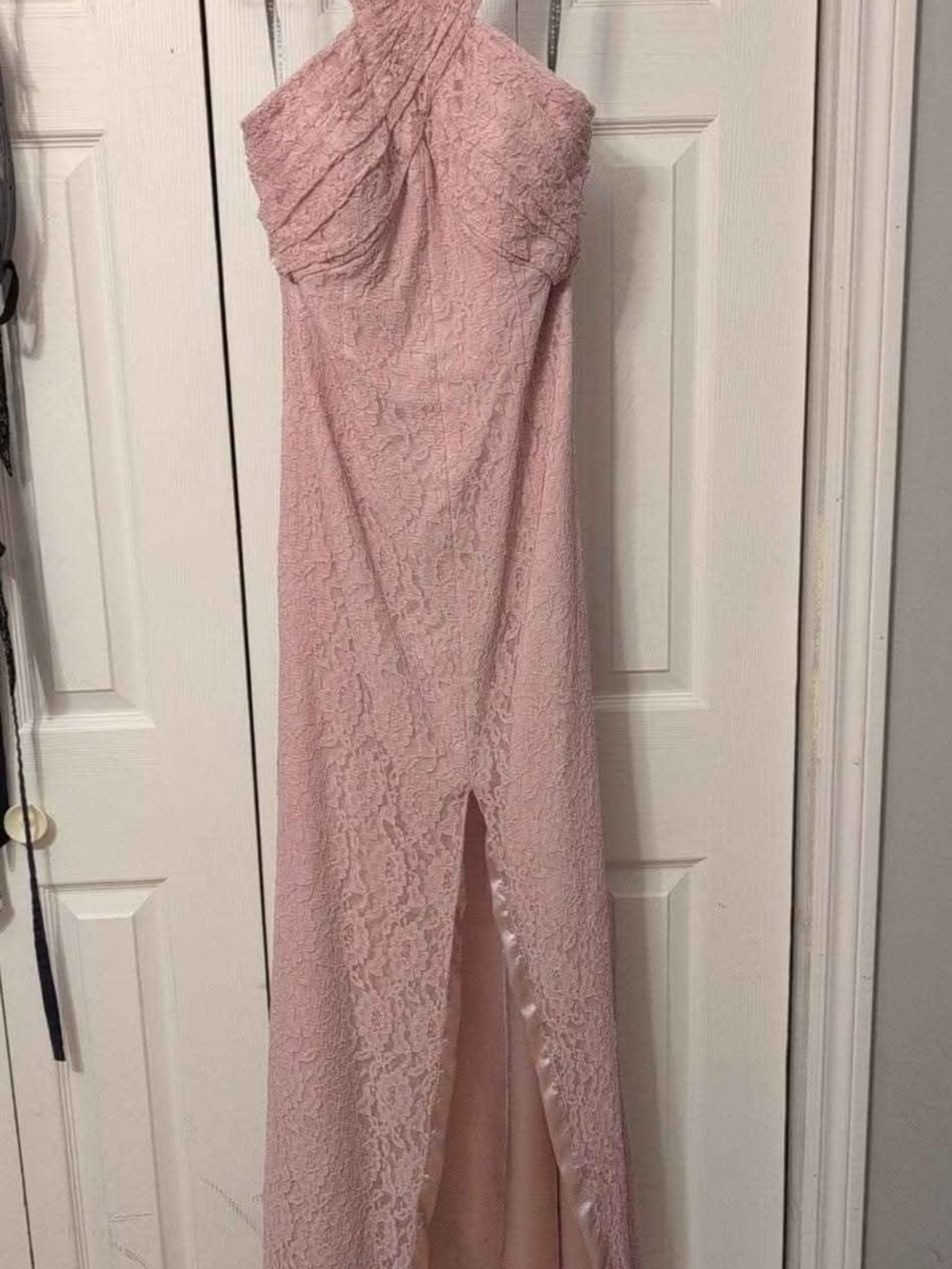 Blush Pink Lace Halter Evening Dress
